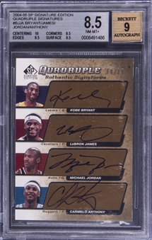 2004-05 SP Signature Edition Quadruple Signatures #BJJA Kobe Bryant/LeBron James/Michael Jordan/Carmelo Anthony Quad Signed Card (#10/15) - BGS NM-MT+ 8.5/BGS 9 Auto